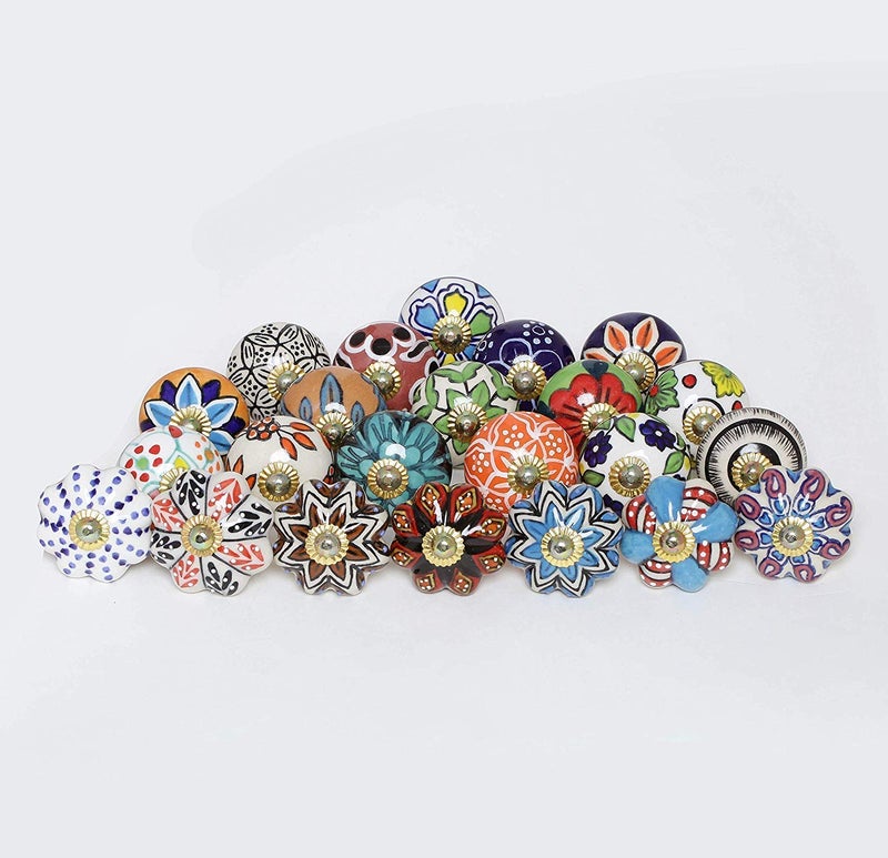 FOLK CRAFT Dresser Knobs - Pack of 20 - Indian Countryside Colorful Assorted Ceramic Drawer Pull Handle Kitchen Cabinet Cupboard Wardrobe Knob Boho Room Interior Decor - Multicolor - Image 1